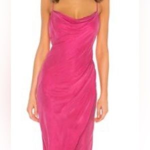 PINK COWL NECK SLIT BODYCON MIDI DRESS